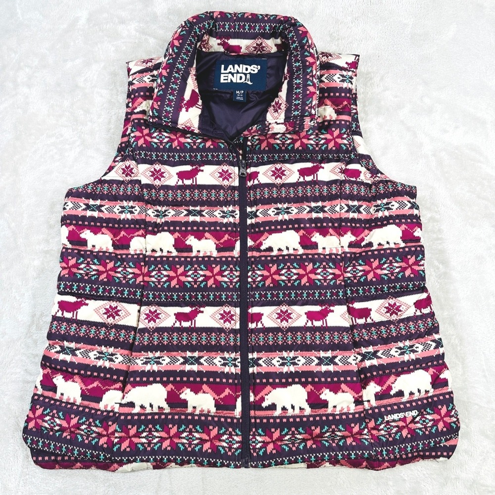 Lands End Puffer Vest Womens Med Down Purple Fair Isle Polar Bear Moose Layer